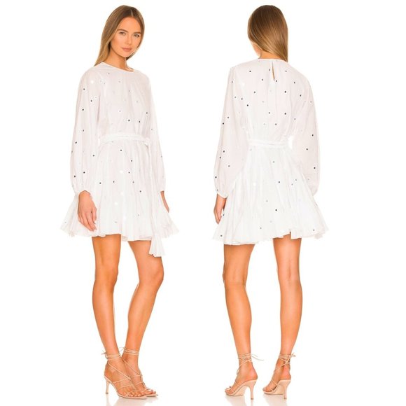 Rhode Ella Blouson Mini Dress Flared Mirror Disc Allover Braided Belt White XS - Picture 1 of 7